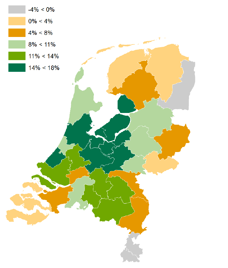 Huishoudensgroei (%) woningmarktregio, 2021 t/m 2034