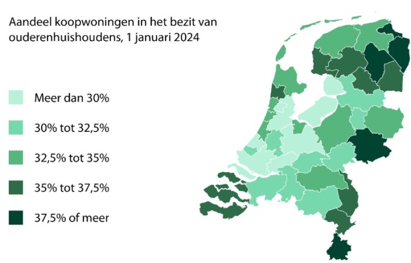 Aandeel koopwoningen in het bezit van ouderenhuishoudens, 1 januari 2024